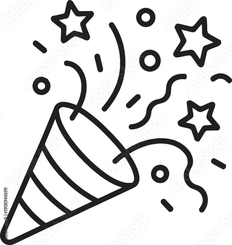 Black and white line drawing of party popper with confetti and stars