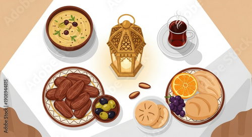Traditional middle eastern iftar table setting with lantern dates fruits and tea