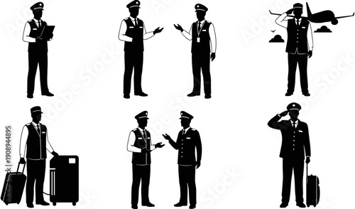 Professional airport security and airline pilot silhouettes set including staff with luggage saluting and directing passengers on white background