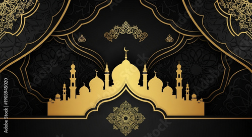 Elegant gold mosque silhouette on black background with intricate patterns and designs for ramadan or islamic celebrations