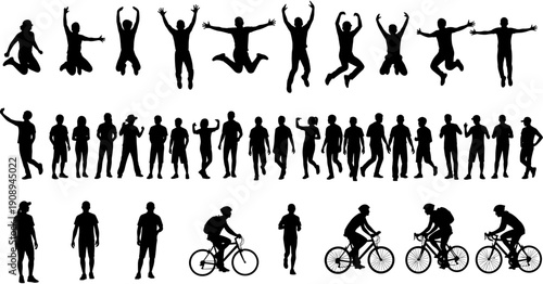 Silhouette set of people in various active poses including jumping celebrating walking and riding bicycles isolated on white background