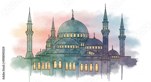 Large mosque with domes and minarets at sunset islamic architecture religious building beautiful sky