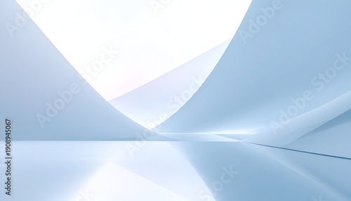 Abstract, minimalist, light blue interior with curved walls and reflective floor