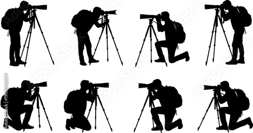 Professional photographer silhouette set using camera on tripod with telephoto lens for nature and wildlife photography isolated on white
