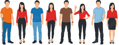 Multicultural group of young people standing in casual and business attire, men and women diverse fashion set vector illustration.