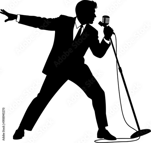 Male singer silhouette performing with microphone on stand, man in suit singing in dynamic stage pose vector illustration.
