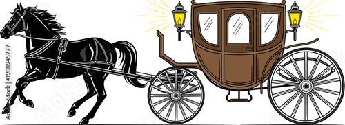 Vintage horse-drawn carriage with black stallion, antique royal coach with glowing lanterns, historical transportation vector illustration for fairy tale themes.