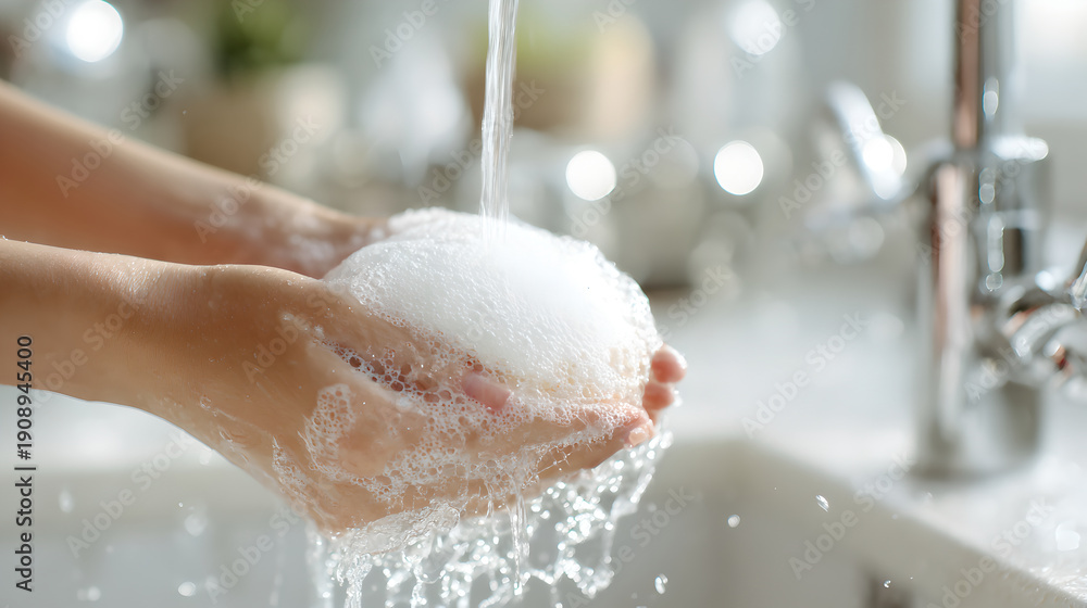 Fototapeta premium Close Up of Hands Scrubbing Soap Foam During Kitchen Cleaning 