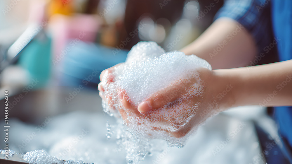 Fototapeta premium Woman Hands Holding Soap Foam Over White Kitchen Sink Basin 