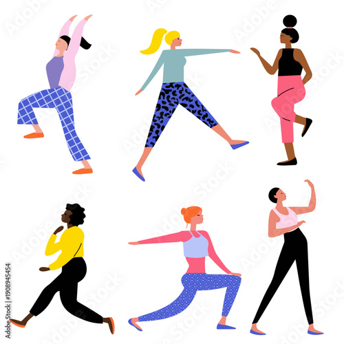 Set of dynamic women in energetic dance poses for expressive movement, fitness class or music and passion. Collection of performers with spirit, creative rhythm and joyful motion on a white background