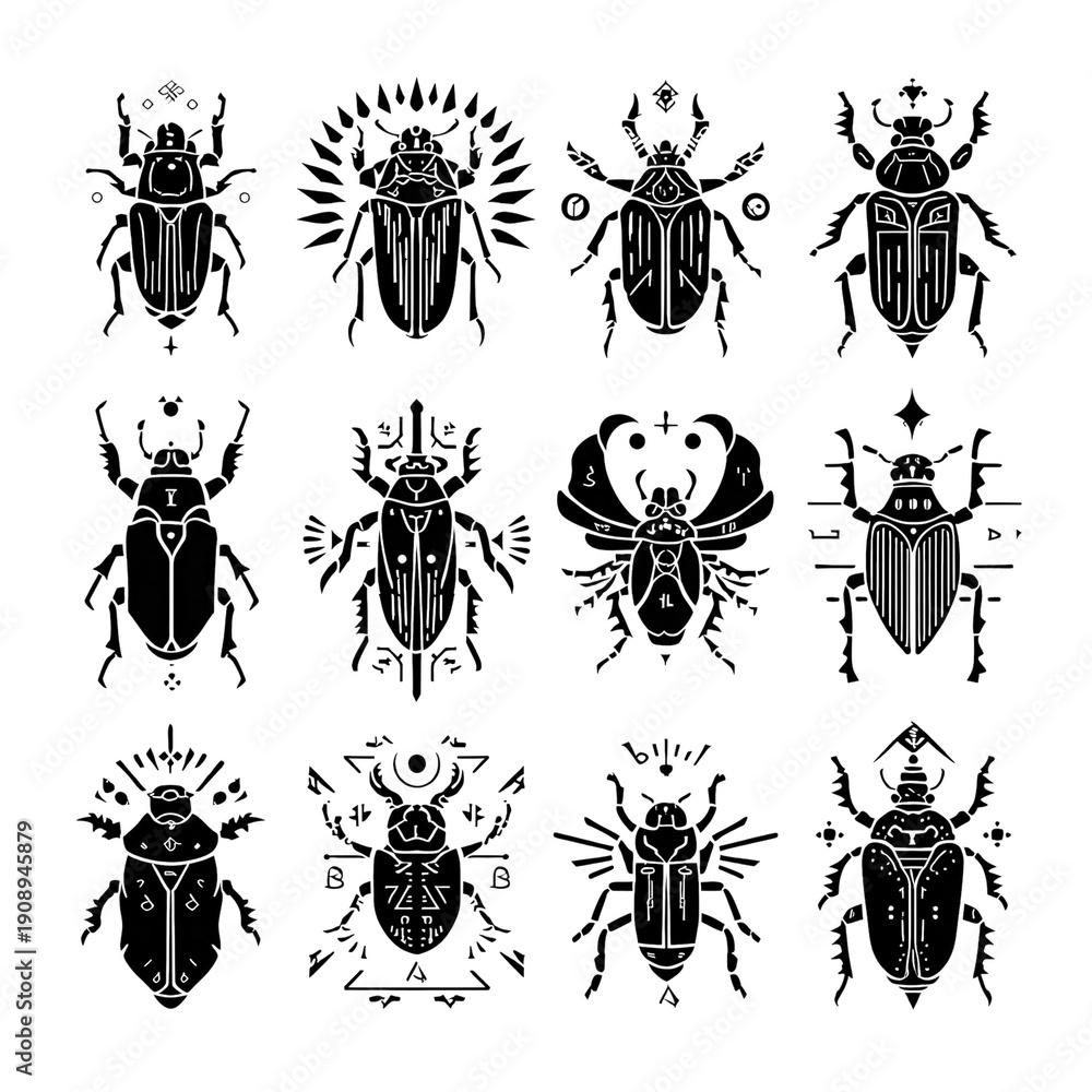 Fototapeta premium Set of 12 black beetle icons with decorative geometric elements isolated on Transparent Background