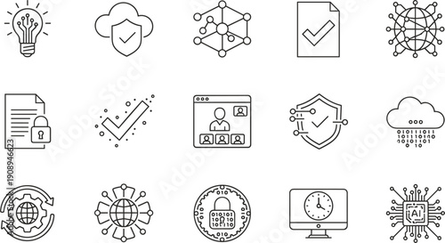 Cyber Security and Data Protection Line Icon Set with Shield Network Encryption Technology Symbols Collection