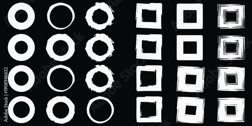 Abstract arrangement of white circles and squares on a black background