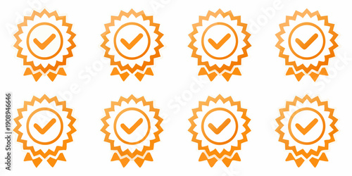 Eight orange award ribbons with checkmarks arranged in a grid pattern