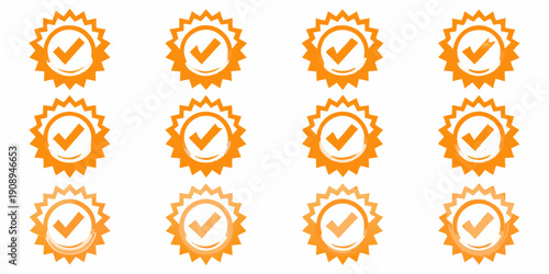 Orange starburst badges with checkmarks arranged in a grid pattern