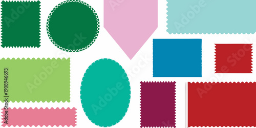 Colorful geometric shapes with decorative edges arranged on a white background