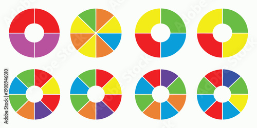 Colorful circular diagrams illustrating segmented color wheels and variations