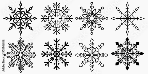 A collection of six unique detailed black and white snowflake illustrations