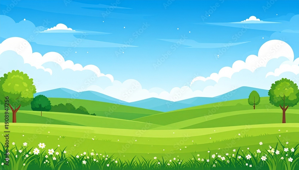 Fototapeta premium Serene Green Landscape with Rolling Hills and Trees under Bright Blue Sky