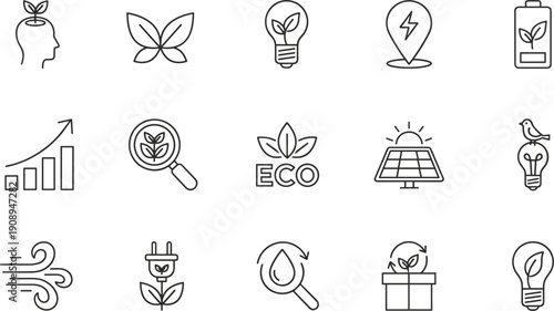 Eco Energy and Sustainability Line Icon Set with Solar Panel Wind Leaf Recycling Symbols Collection