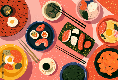 Top view of Japanese food and snacks on a lunch table with sushi, ramen, grilled seafood and fresh ingredients, celebrating traditional cuisine and culinary art at an Asian restaurant, cafe or picnic