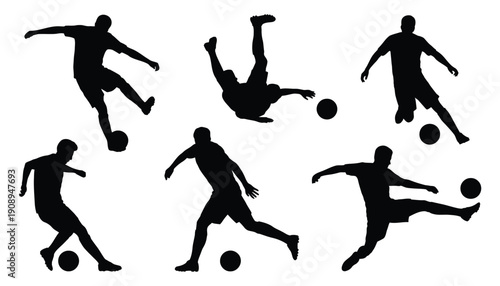 Soccer shooting silhouettes collection, players performing kick and shot movements, match and training action graphics, football sport activity icons, minimal shadow style, professional vector design.