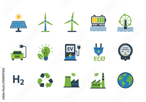 Eco friendly energy icons for sustainable living and green technology solutions