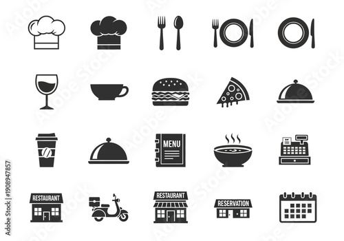 Restaurant and food service icons for business and culinary themes