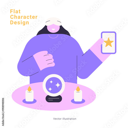 Flat character design with woman fortune teller reading crystal ball with tarot card and candles. Vector illustration for mystical, spiritual, fortune telling and prediction concepts.
