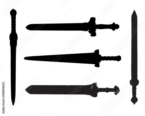 Silhouettes of medieval swords and daggers on white background