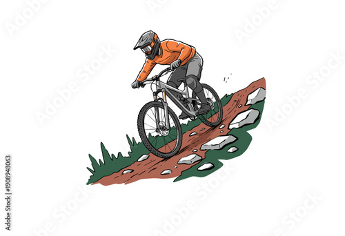 Downhill mountain bike illustration for t-shirt design. Extreme sports graphic print design. Mountain biking adventure vector artwork. MTB rider desce