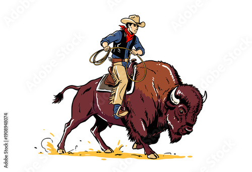 Cowboy riding bison artwork. Western rodeo sport design. Buffalo rider vintage graphic print. American wild west illustration. Great Plains adventure