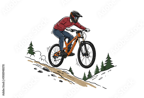 Mountain bike downhill vector artwork. Extreme sport adrenaline graphic design. MTB artwork for t-shirt and apparel. Adventure cycling illustration lo