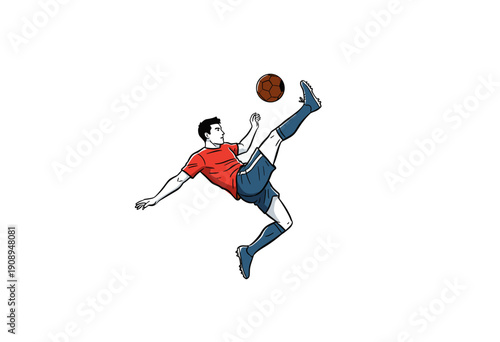 Soccer player vector artwork. Football player championship artwork. Player performing an overhead kick. Bicycle kick graphic print design. Football de