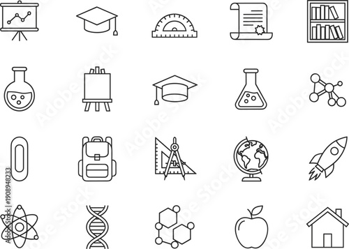 Education and Science Line Icon Set with Graduation Cap Chemistry Flask DNA Rocket Globe School Symbols Collection