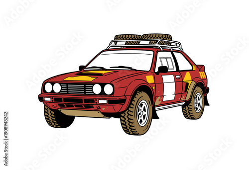 Rally car print design for t shirt print. Vintage off road speed race artwork. Adventure challenge graphic design. Extreme 4x4 vehicle illustration. R