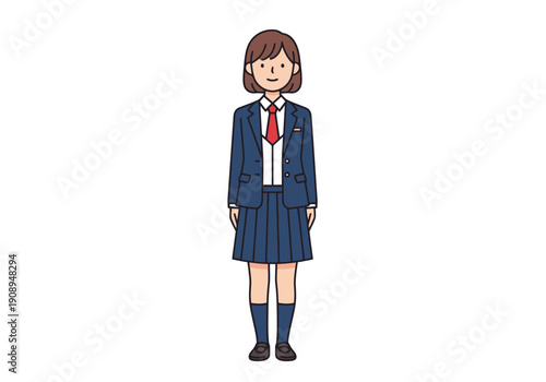 Young female student wearing a school uniform with blazer skirt and tie standing on a plain white background ready for academic activities