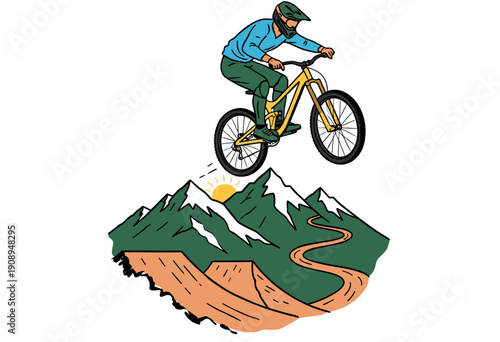 Mountain bike extreme sports design. Downhill mountain biking artwork. Outdoor adventure graphic print. T shirt design vector illustration. Cycling cl