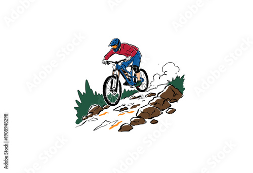 Downhill mountain biking illustration for t-shirt design. Extreme sport cycling artwork. Mountain bike rider sketch. Outdoor adventure graphic print d