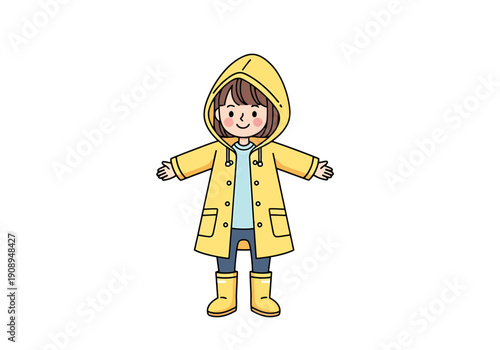 Happy young child wearing yellow raincoat and boots is ready for outdoor rainy day adventures and playing in puddles outside