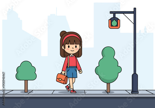Young girl with briefcase walks on city sidewalk near street lamp and trees during daytime