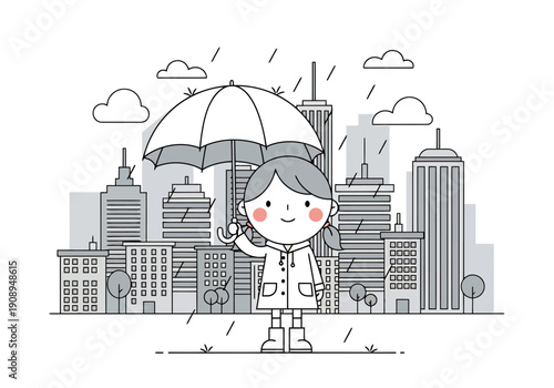 Cute Child With Umbrella Standing Outdoors In Rainy Cityscape With Tall Buildings And Clouds Under Gentle Downpour While Dressed In Raincoat And Boots