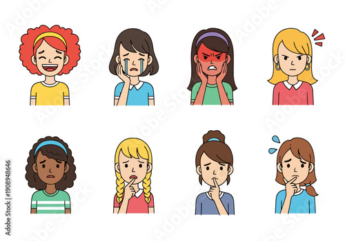Collection Of Diverse Young Females Displaying A Wide Range Of Human Emotions And Feelings Through Facial Expressions Isolated On White Background