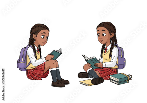 Two young girls wearing school uniforms and backpacks sit on the ground reading books together depicting learning and childhood activities