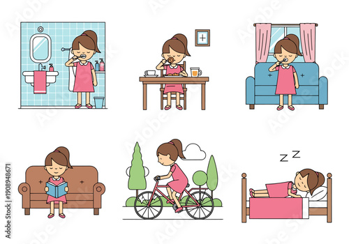Daily Routine Of A Young Woman And Girl Completing Various Activities Including Personal Hygiene Meal Preparation Leisure And Sleep