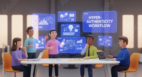 Wallpaper Mural 3D Animated Business Team Meeting with Holographic Data Visualization and Workflow Torontodigital.ca