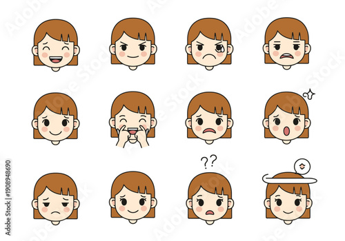 Collection of Cartoon Faces Expressing Diverse Emotions and Feelings on White Background with Various Expressions Including Happy Sad Angry Confusion