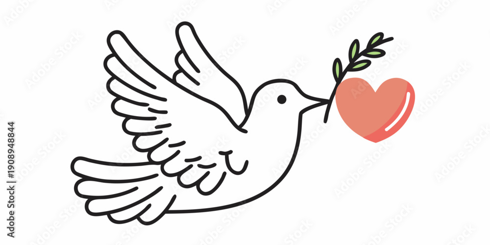 Obraz premium A white dove carrying an olive branch and a red heart in flight