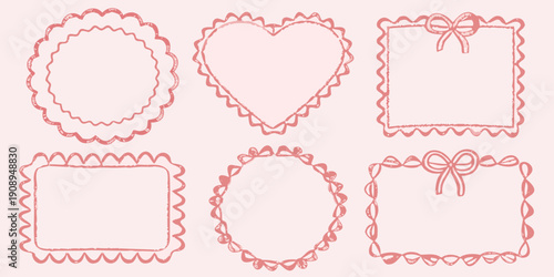 Hand drawn pink frames circles hearts and rectangles with decorative edges