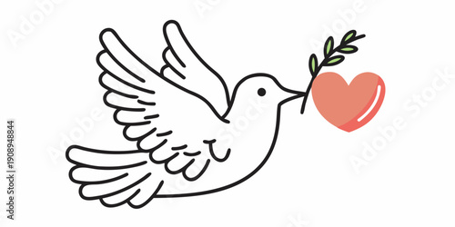 A white dove carrying an olive branch and a red heart in flight